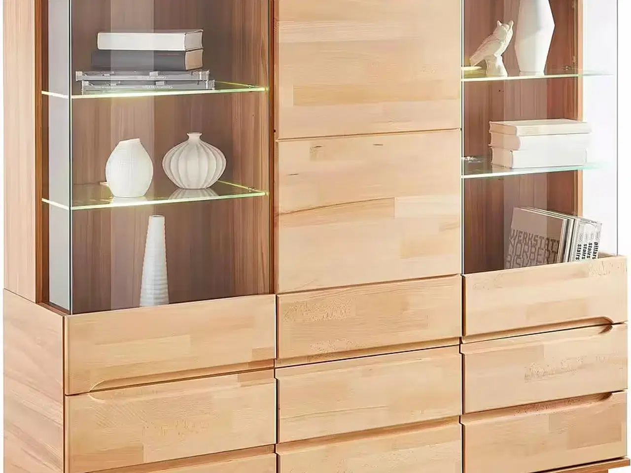 Billede 6 - Vitrineskab i bøgetræ med glaslåger og skuffer