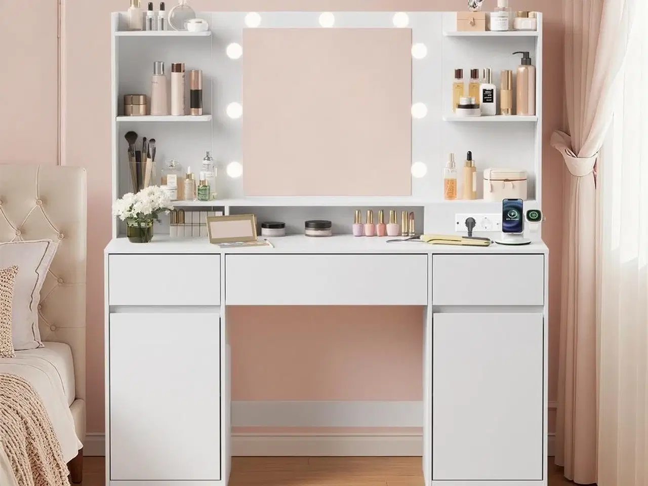 Billede 5 - Makeupbord med spejl og LED – Kailyn, 2 skabe, 3 skuffer, 5 hylder, 9 dæmpbare pærer, skydebeslag uden værktøj – cloud hvid
