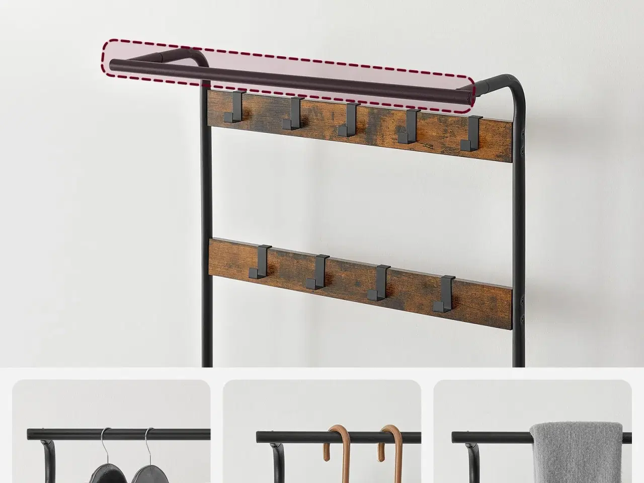 Billede 4 - Tøjstativ med skohylde – 4‑i‑1 entrémøbel, rustik brun/sort, 84 × 33,7 × 183 cm