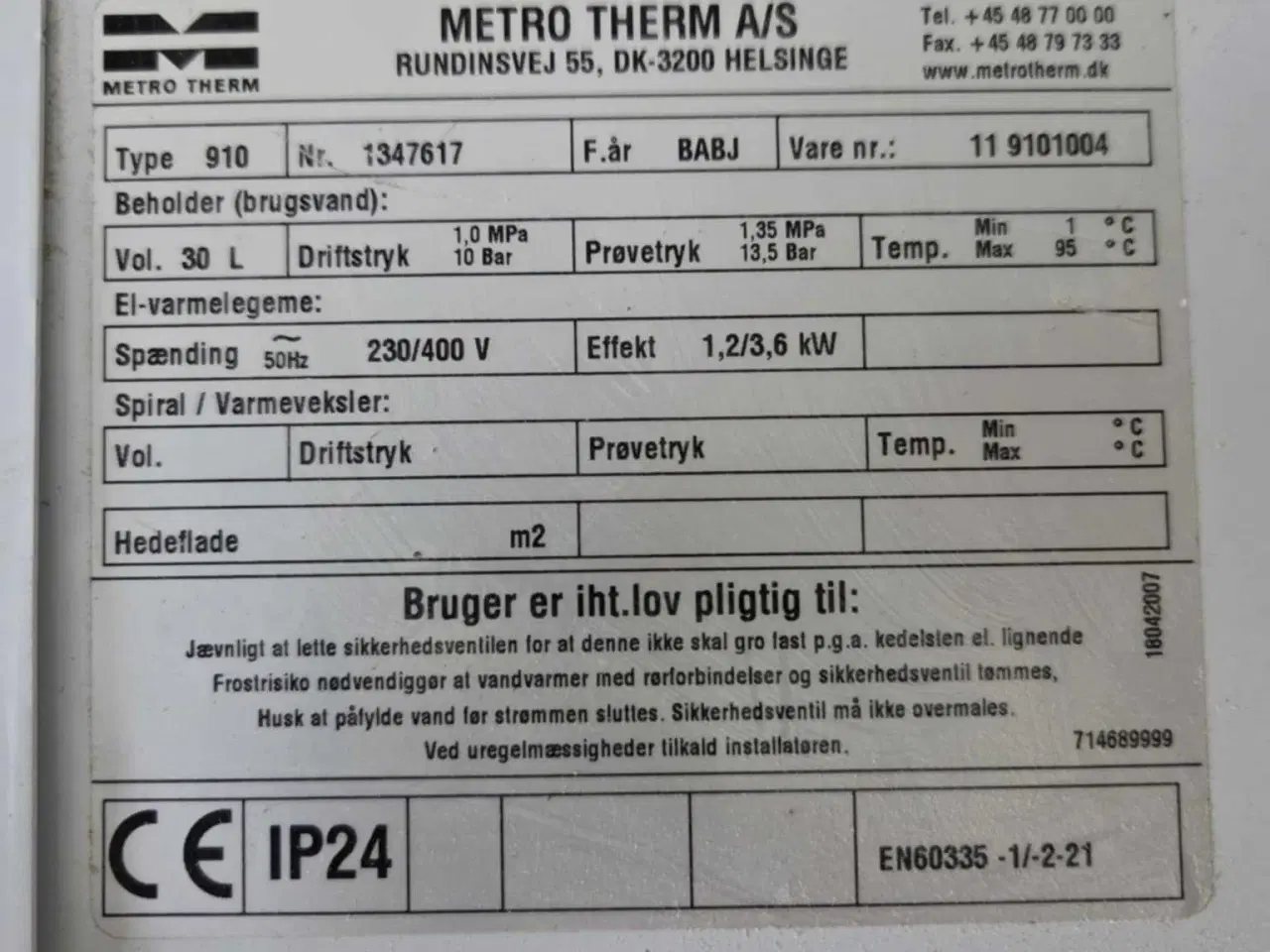 Billede 3 - Metro elvandvarmer, type 910