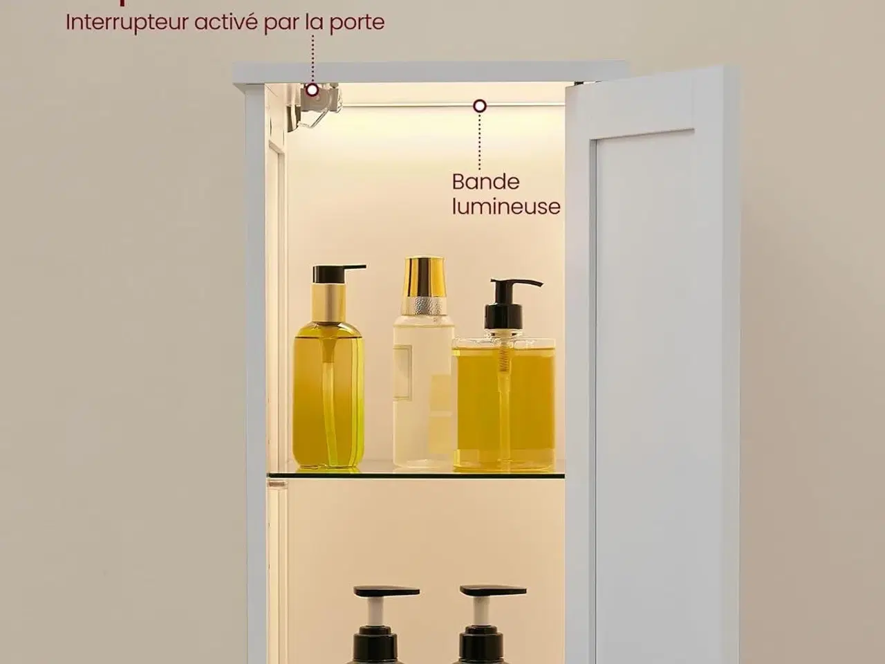 Billede 4 - Højt og smalt badeværelsesskab med lys – justerbare hylder, åbne rum, til små badeværelser, moderne, cloud hvid (BBC566W03)