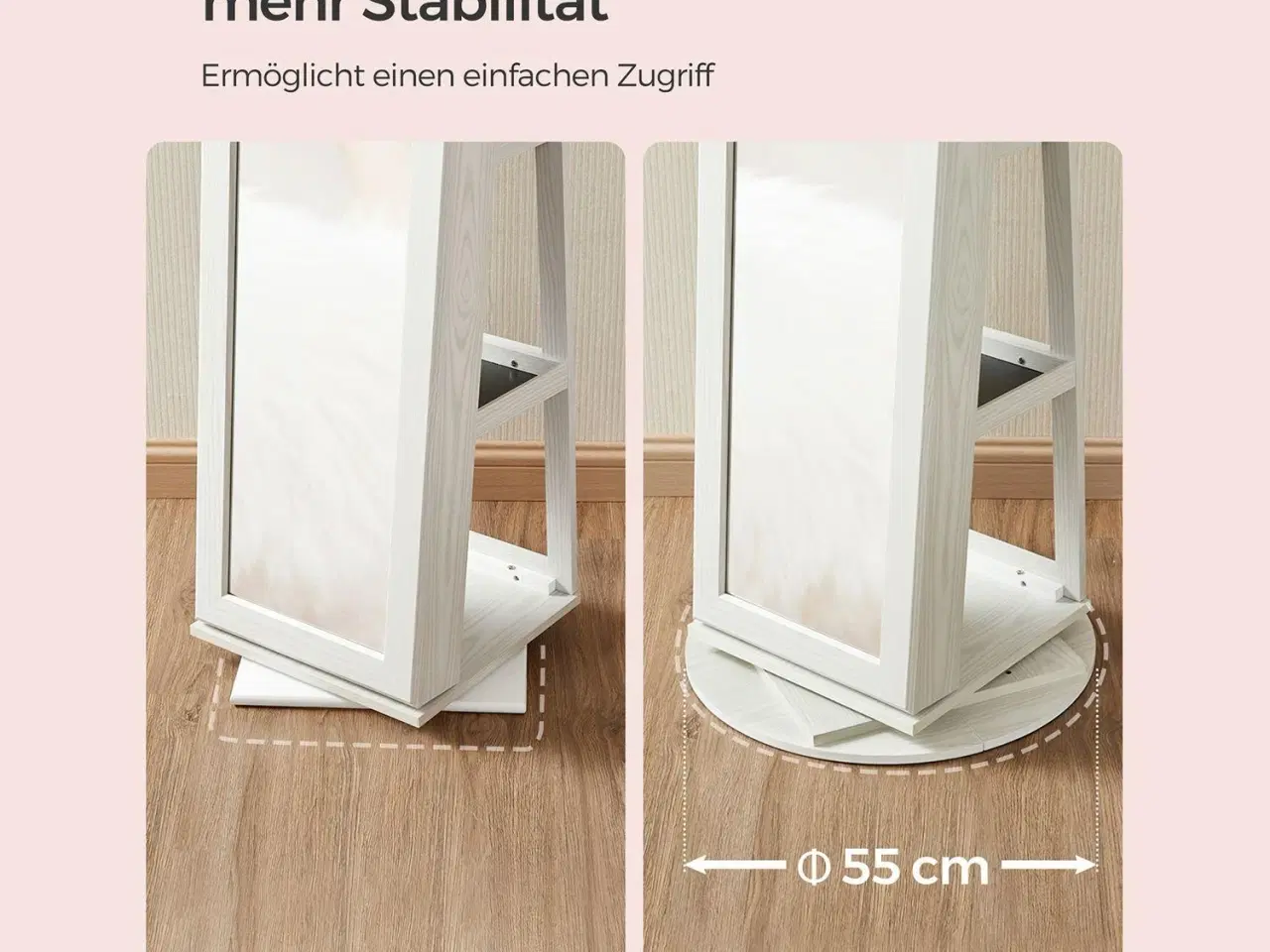 Billede 5 - Smykkeskab med spejl 360° fritstående, låsbart 3-i-1, hylder, kosmetikopbevaring, hvid med grå træstruktur