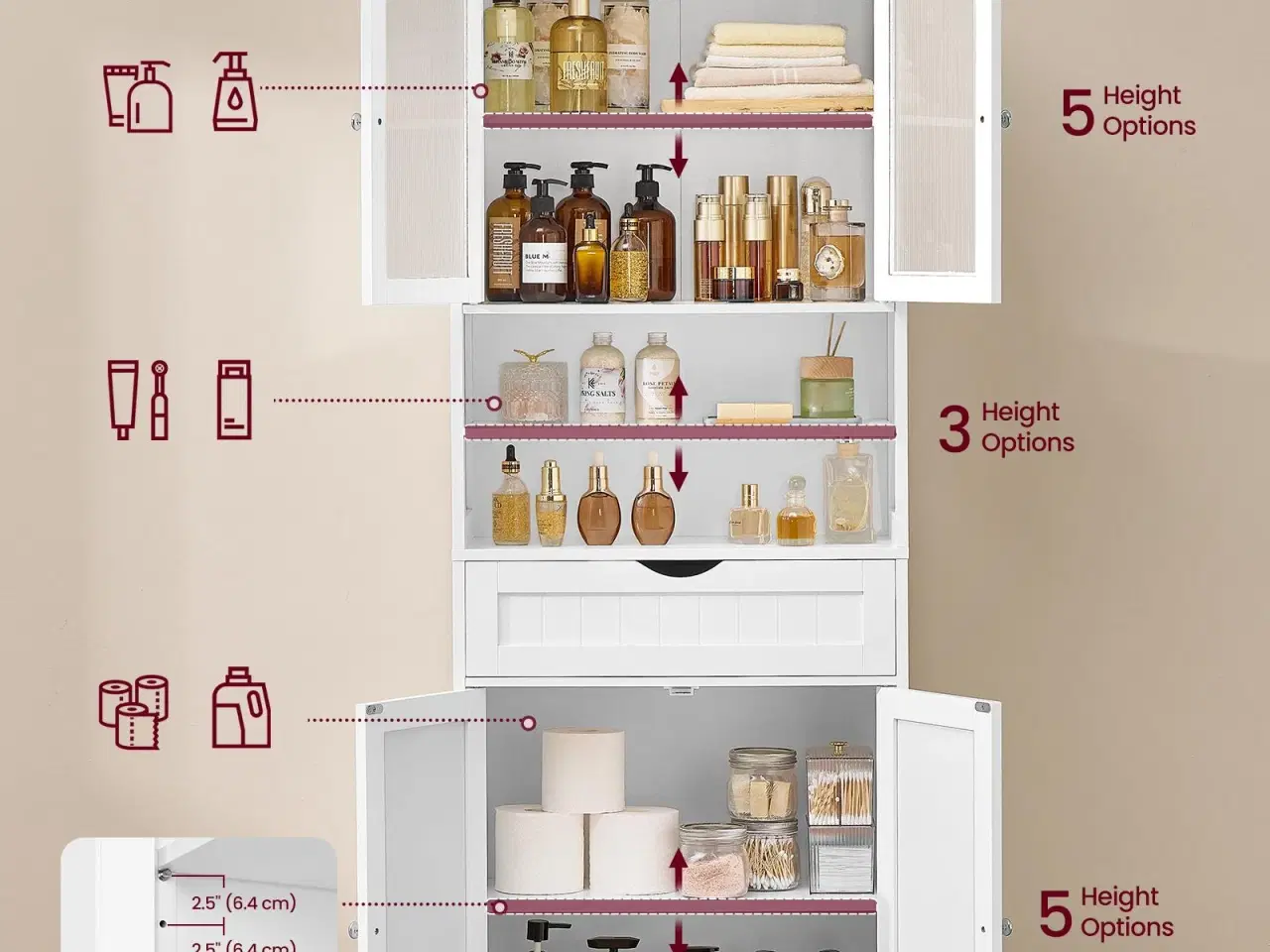 Billede 4 - Højt opbevaringsskab til badeværelse med justerbare hylder, skuffe og åbne rum – cloud hvid