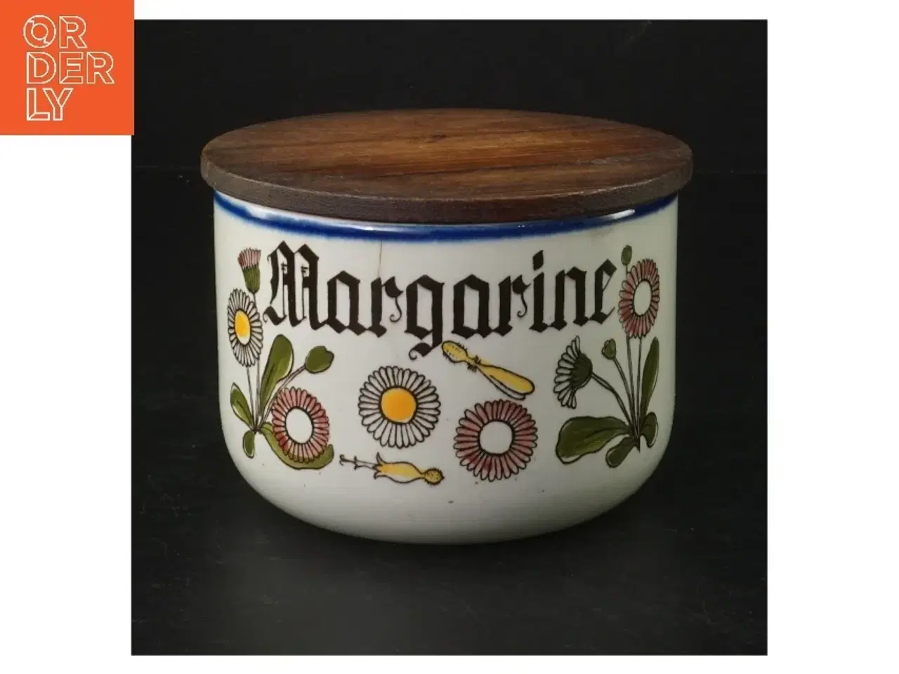 Billede 2 - Keramik Margarine Beholder med Trælåg (str. H 9 cm. ø. 11,5 cm)