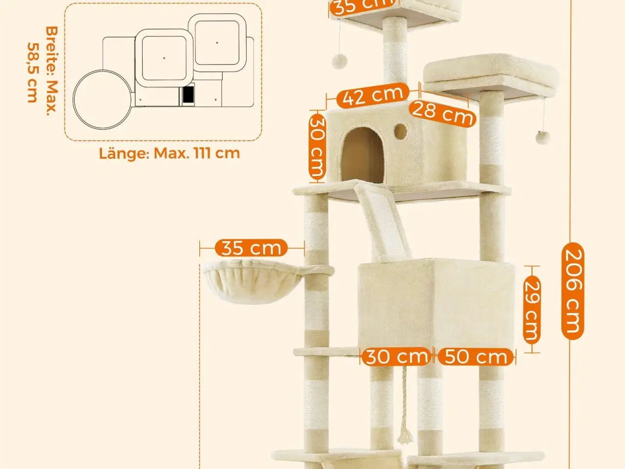 Billede 6 - Klatretræ til kat Feandrea, XXL kradsetræ 206 cm, 13 kradsepæle, 2 platforme, 2 huler, hængekøje og kurv, beige