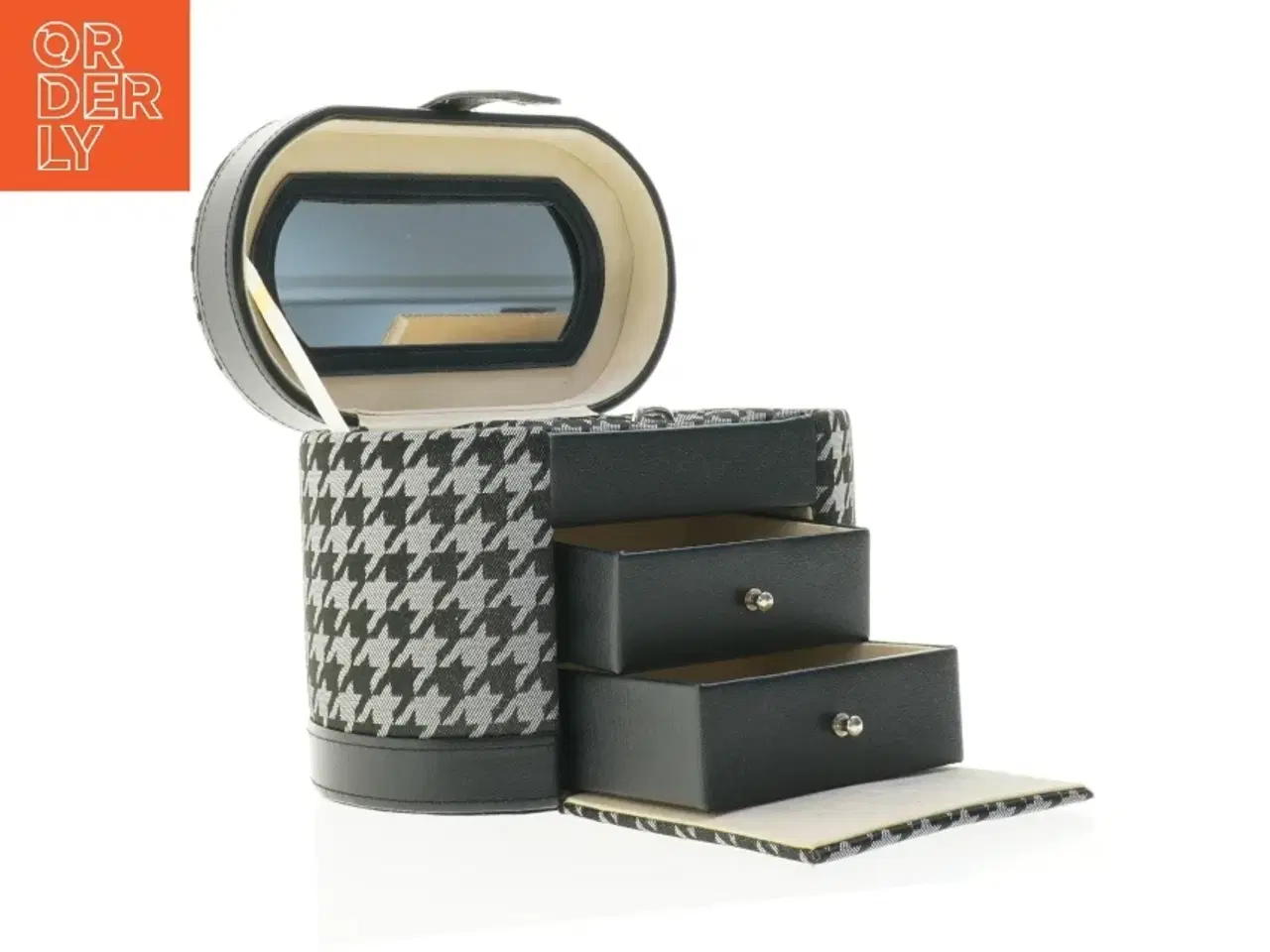 Billede 1 - Sminketaske eller smykkeboks med houndstooth mønster (str. 21,5 x 12 x 15,5 cm)