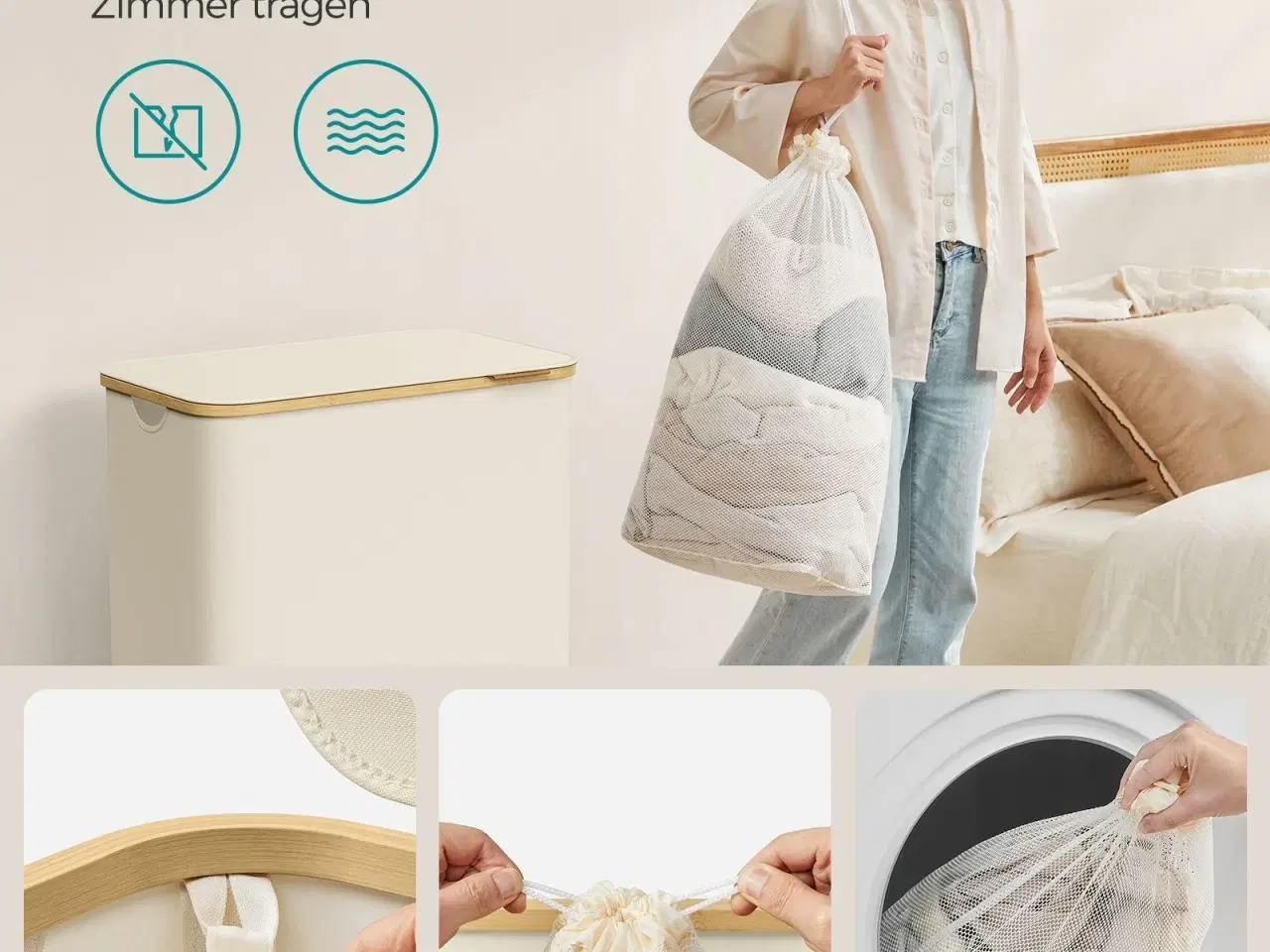 Billede 5 - Vasketøjskurv med låg 3 rum, 150 l, aftagelig mesh-indsats, bambushåndtag, sammenklappelig, cremehvid