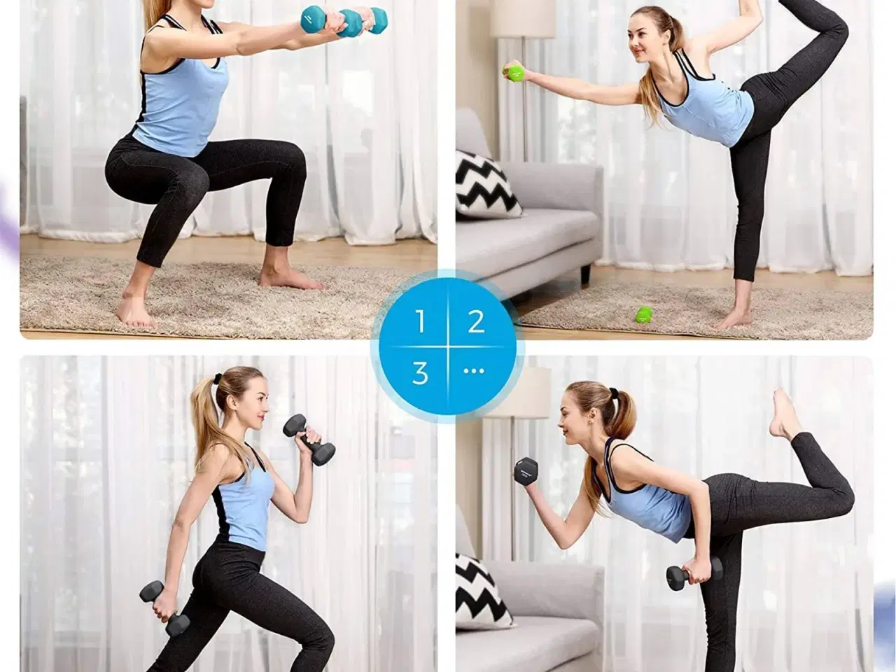 Billede 3 - Håndvægtsæt med stativ – 2 x 1 kg, 2 x 2 kg, 2 x 3 kg, neopren – lime, teal og mørkegrå