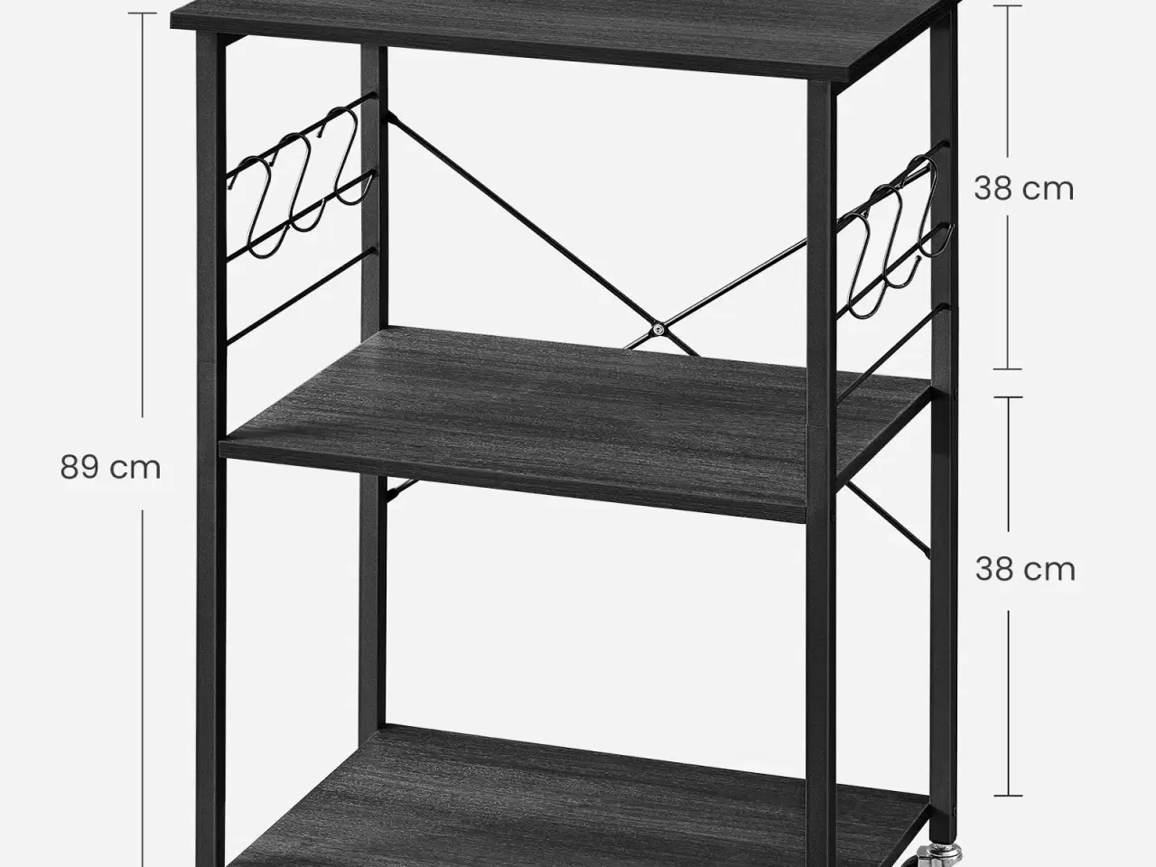 Billede 6 - Køkkenreol på hjul serveringsvogn med 3 hylder, mikrobølgereol, 6 kroge, industrielt look i sort/eboniseret eg (KKS060B42)