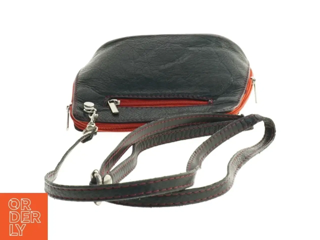 Billede 3 - Sort Vintage Læder Crossbody skuldertaske med rød kant (str. 18 x 17 cm)