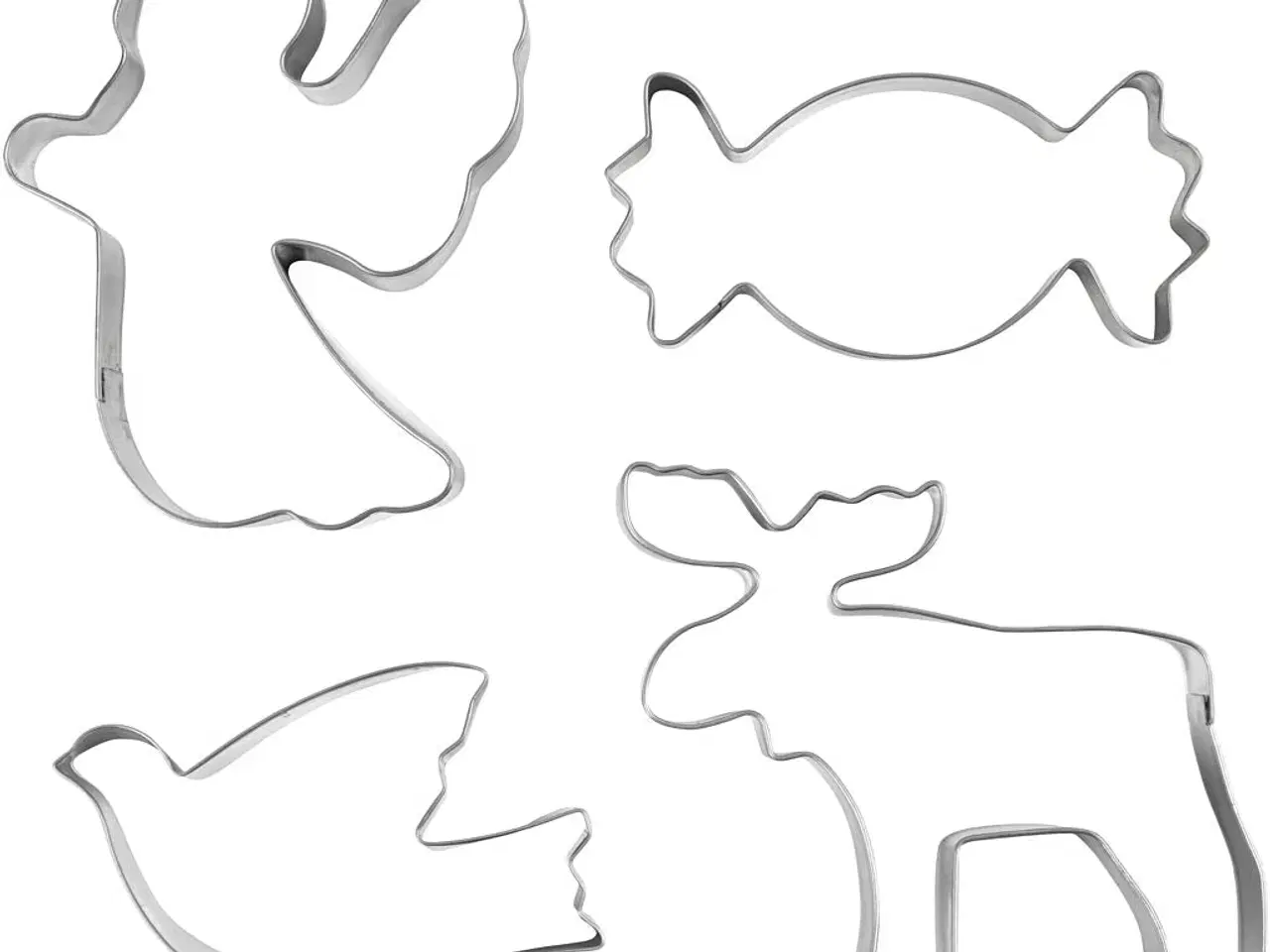 Billede 1 - Udstiksforme, Engel, rensdyr, due, karamel, H: 2 cm, str. 4,5-9 cm, metal sølv, 4 stk./ 1 pk.