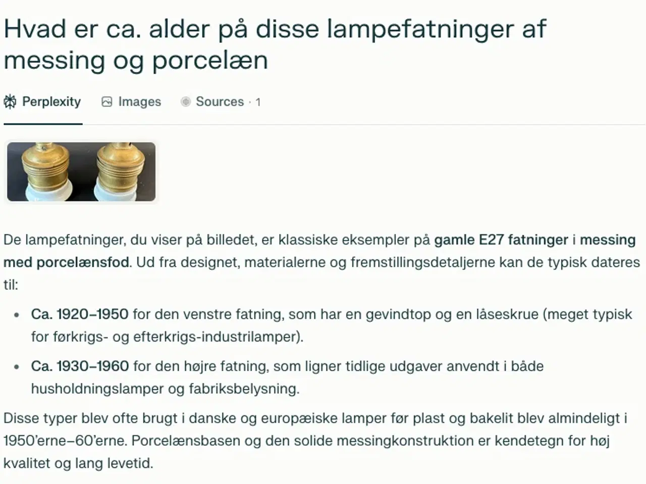 Billede 5 - Lampefatning, Messing/Keramik fatninger