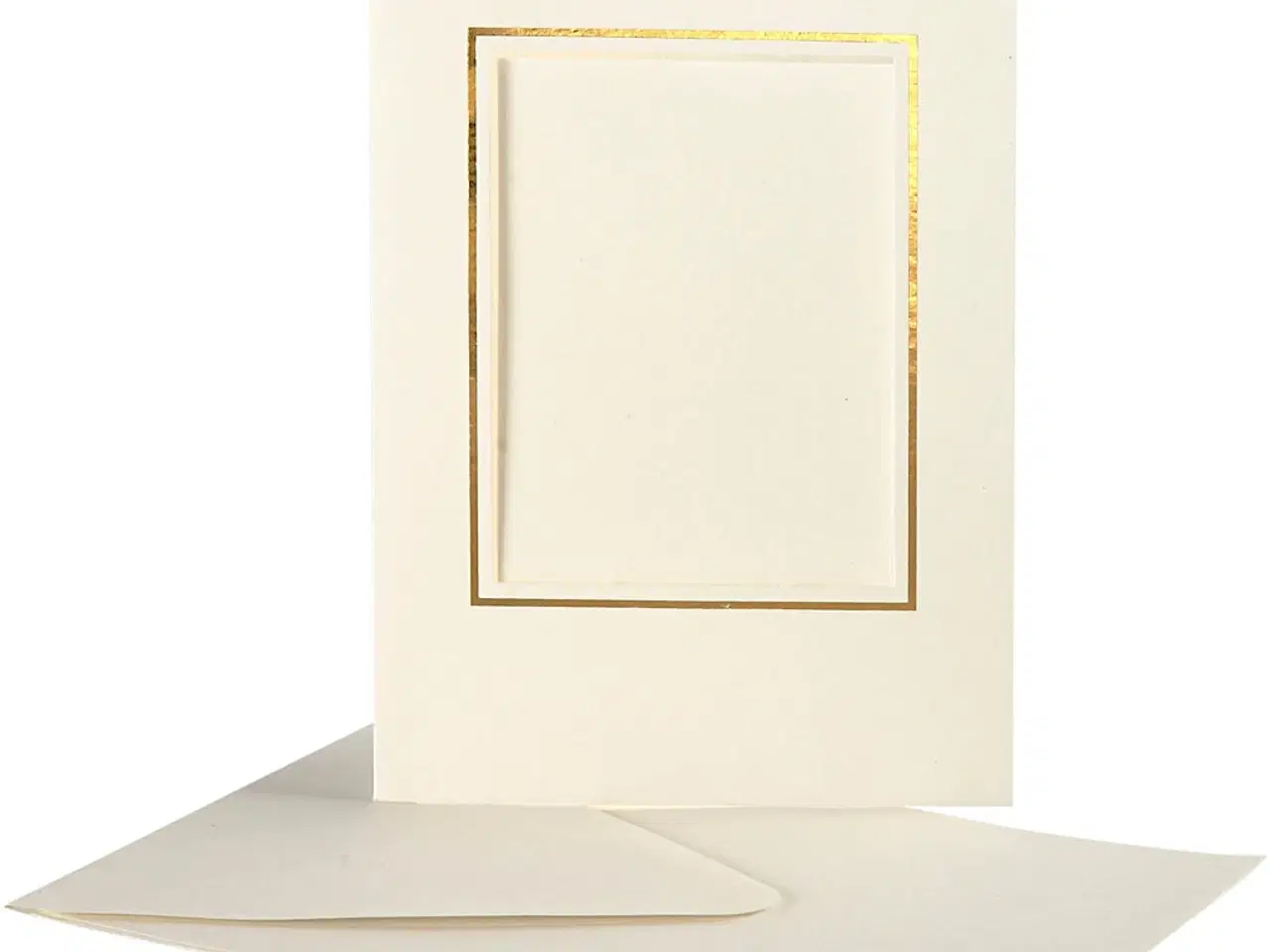 Billede 1 - Passepartoutkort med kuvert, rektangulær med guldkant, kort str. 10,5x15 cm, kuvert str. 11,5x16,5 cm, råhvid, 10sæt/ 1 pk.