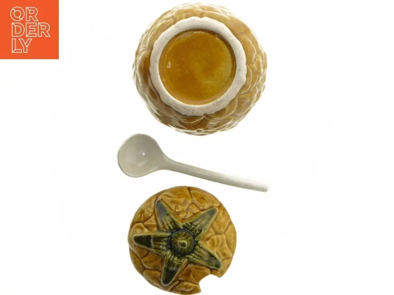 Billede 5 - Gammel marmelade- eller honningkrukke med låg og ske (str. Ø 7x11 cm)