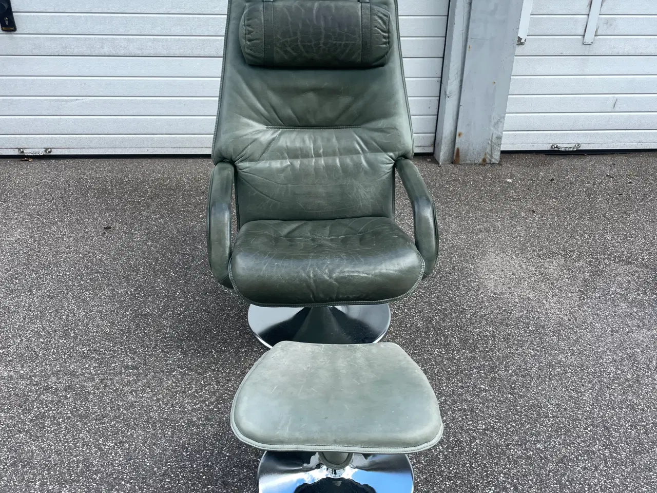 Billede 2 - Vintage loungestol i grøn læder + fodskammel 