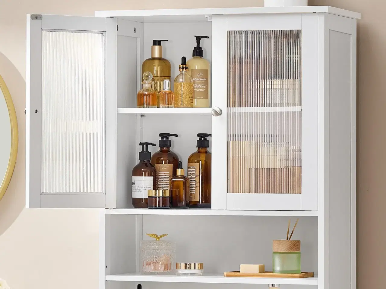 Billede 3 - Højt opbevaringsskab til badeværelse med justerbare hylder, skuffe og åbne rum – cloud hvid