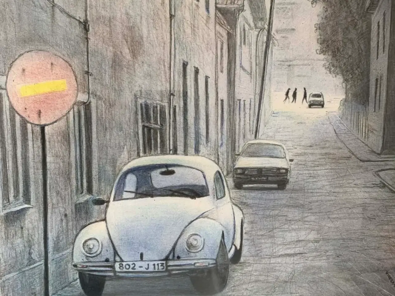 Billede 1 - Litografi med gade og folkevogn i ramme