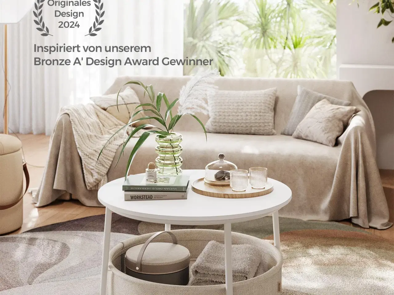 Billede 3 - Sofabord rund med opbevaring – VASAGLE, stofkurv, metalstel, mat hvid/kamelbrun