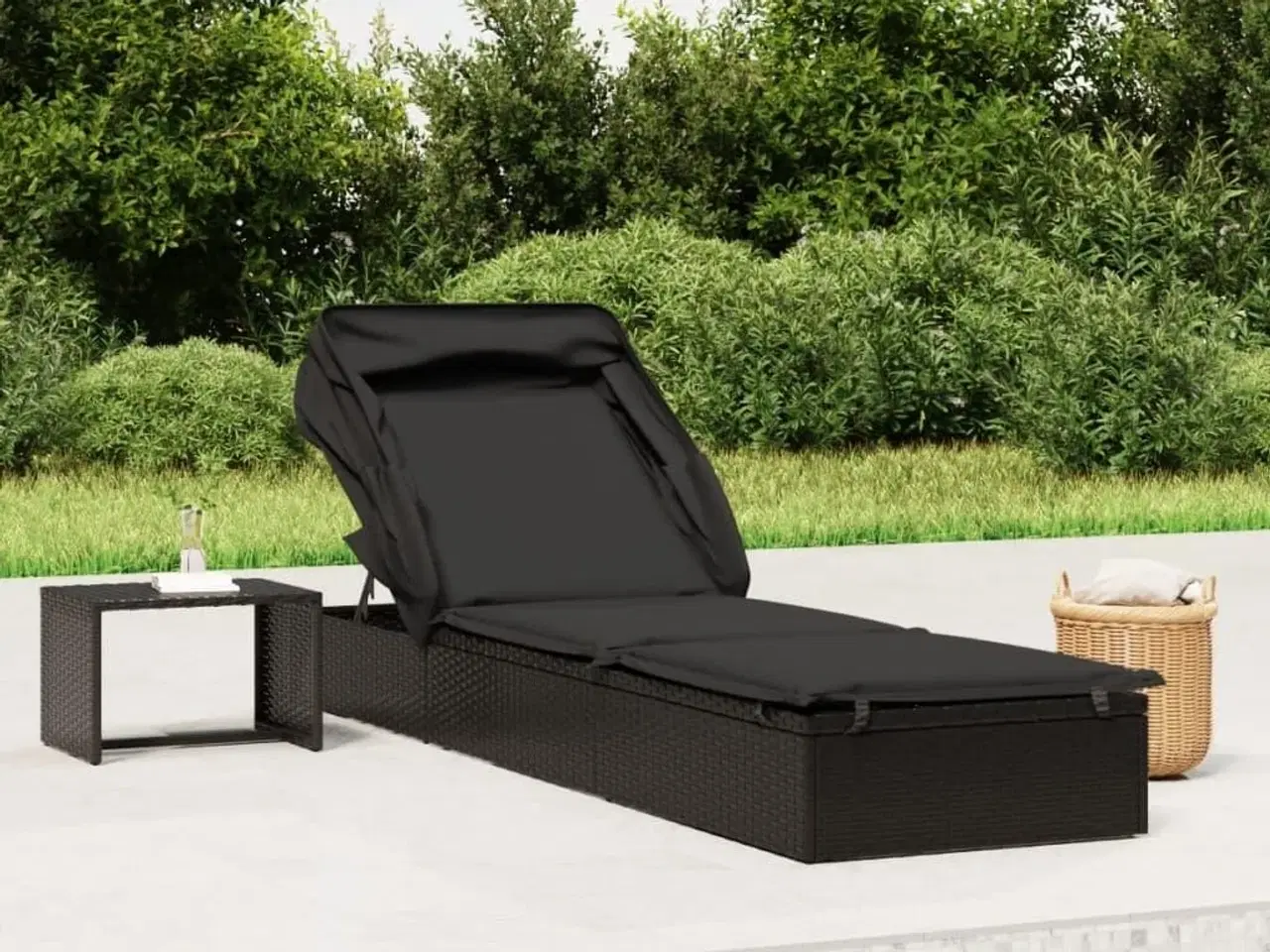 Billede 1 - Liggestol med foldbart tag 213x63x97 cm polyrattan sort