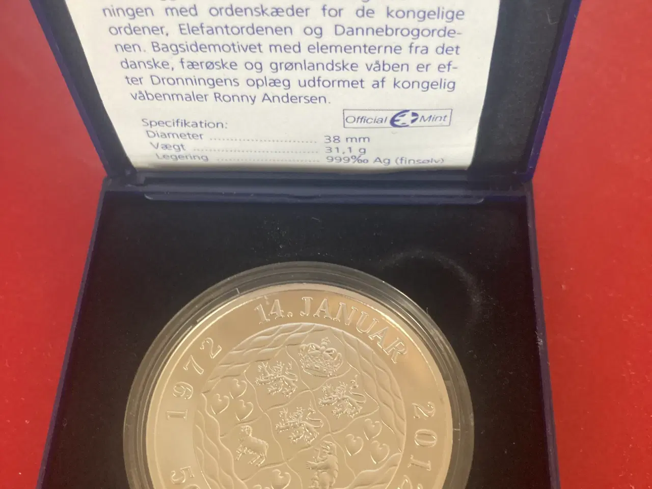 Billede 2 - SMUK SØLV 500 KRONE 2012 MARGRETHE 40 ÅR regerings