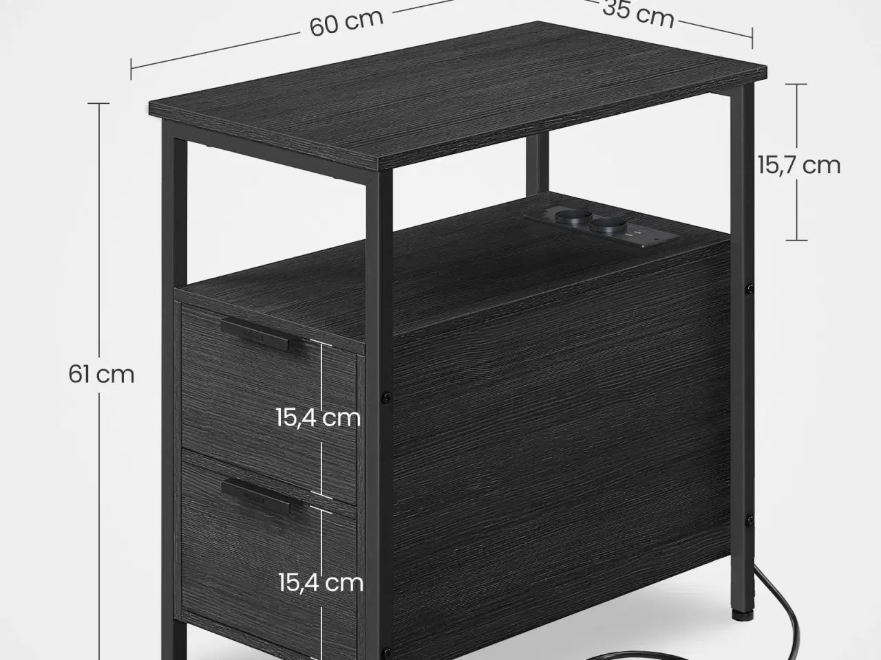 Billede 5 - Sengebord med stikdåse 2 skuffer, smalt sidebord/sofabord, antracitgrå/klassisk sort