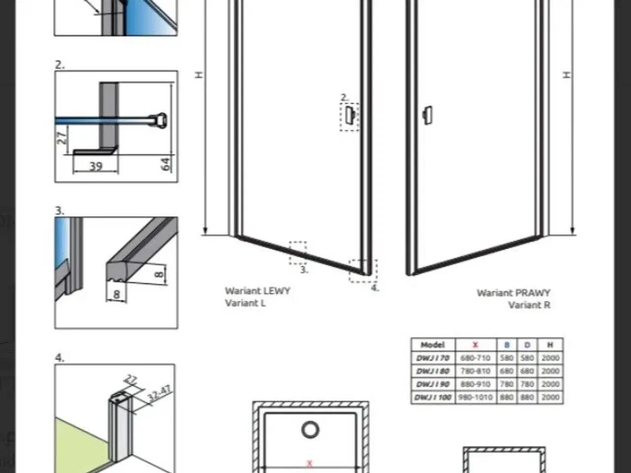 Billede 2 - DNS20-9, NOMA 20 nichedør  900mm, sort profiler, klart glas, helt ny
