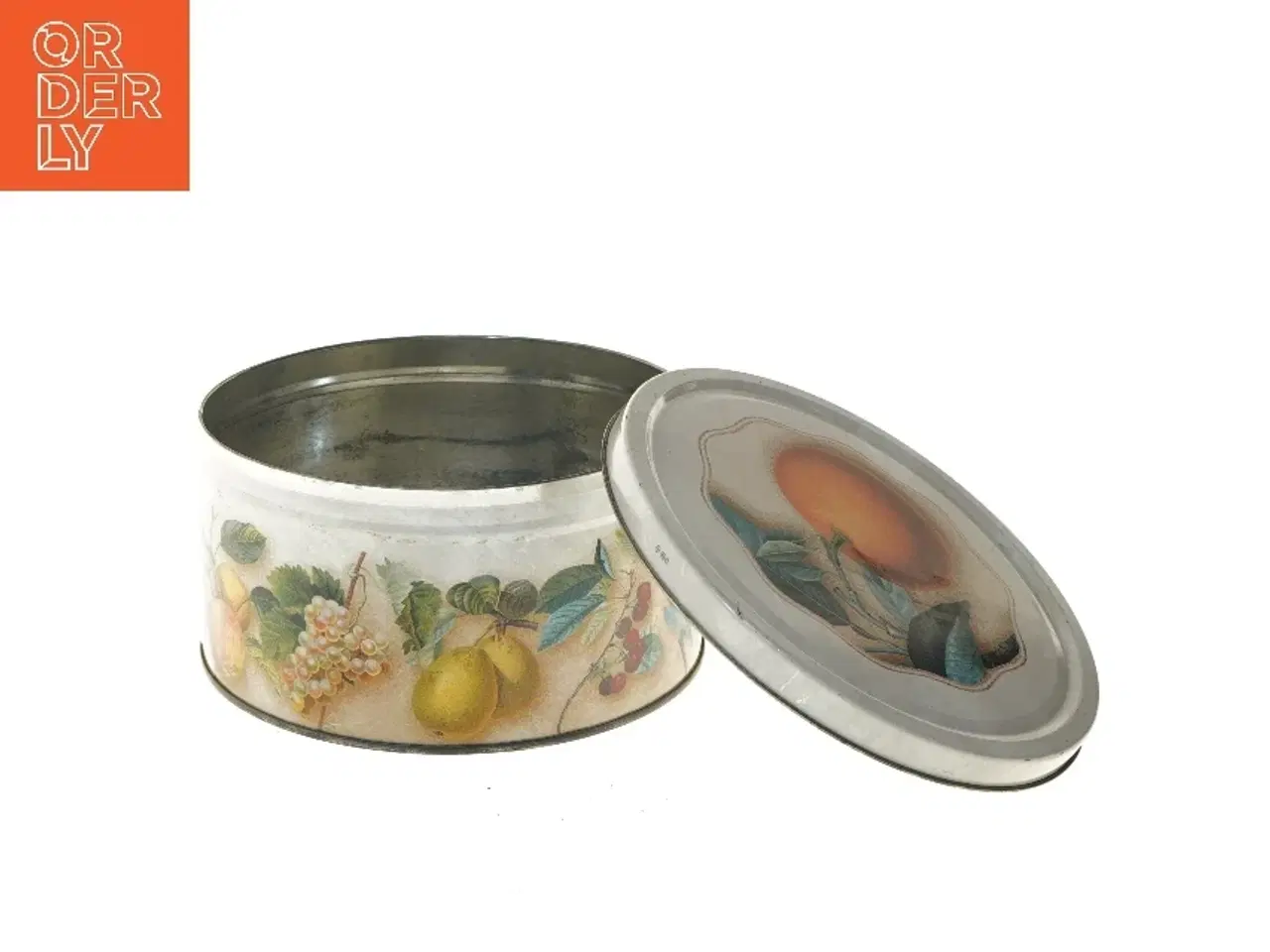 Billede 4 - Dekorativ metaldåse med frugtmotiv (str. Ø 19,5 cm højde 10 cm)