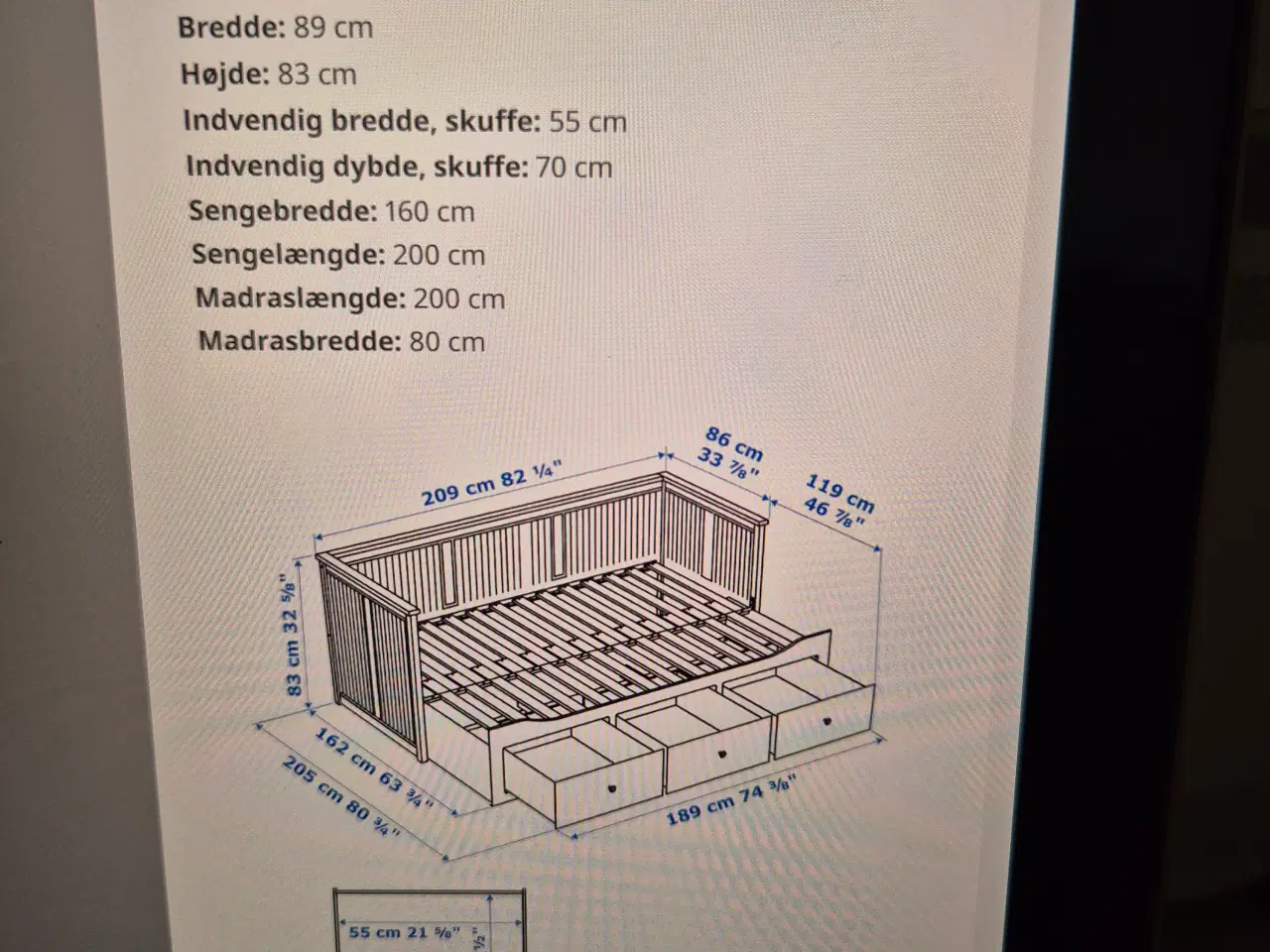 Billede 3 - Hemnes Seng - sovesofa m. 3 skuffer inkl. madras 