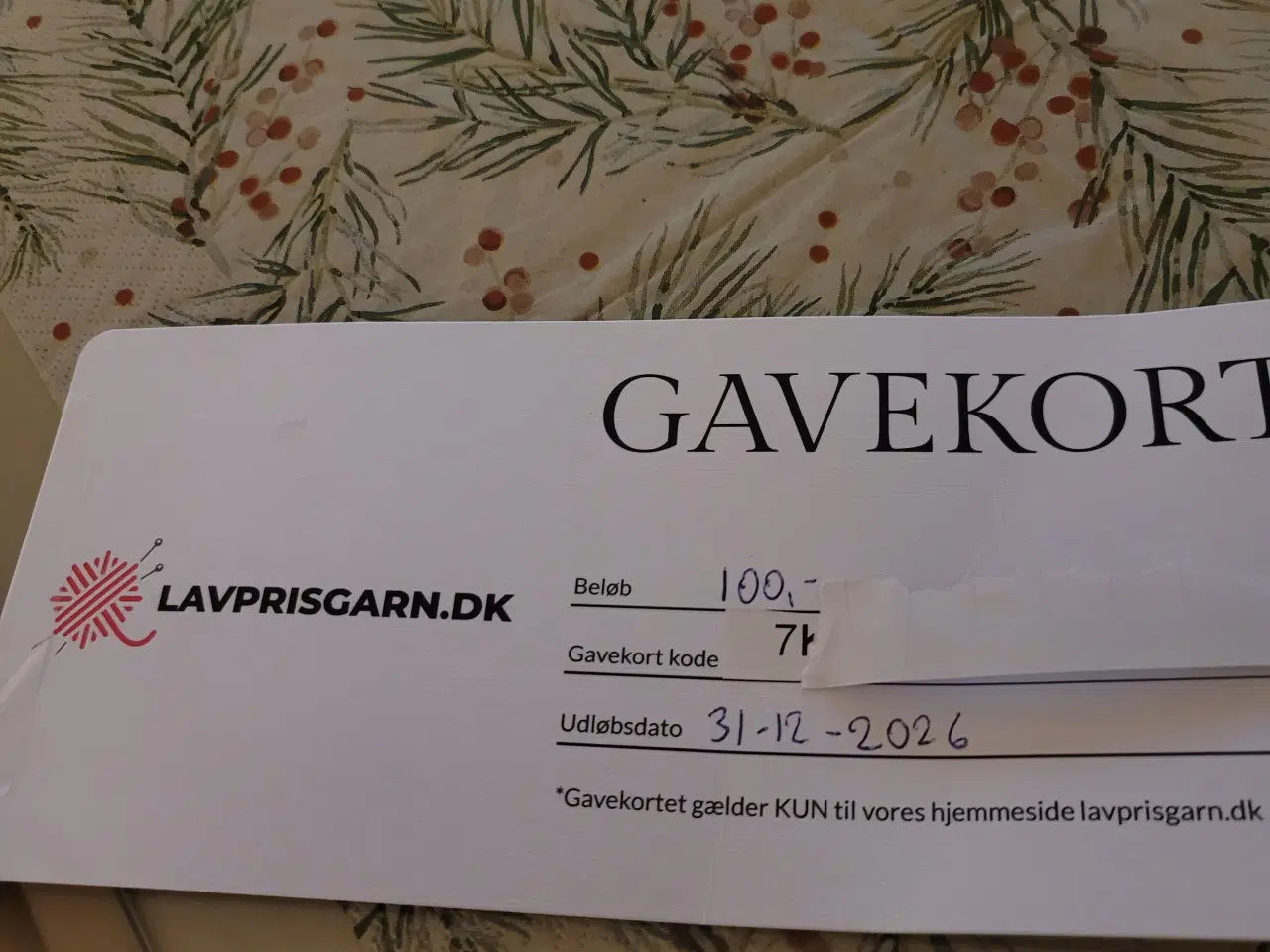 Billede 1 - Gavekort til lavprisgarn.dk- 100 kr