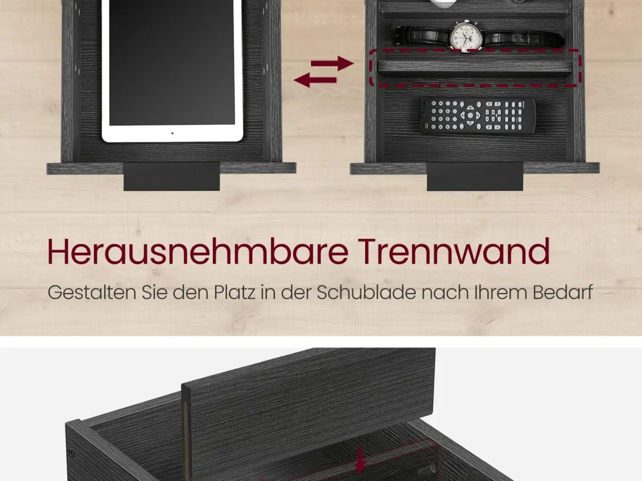 Billede 4 - Sengebord med stikdåse 2 skuffer, smalt sidebord/sofabord, antracitgrå/klassisk sort