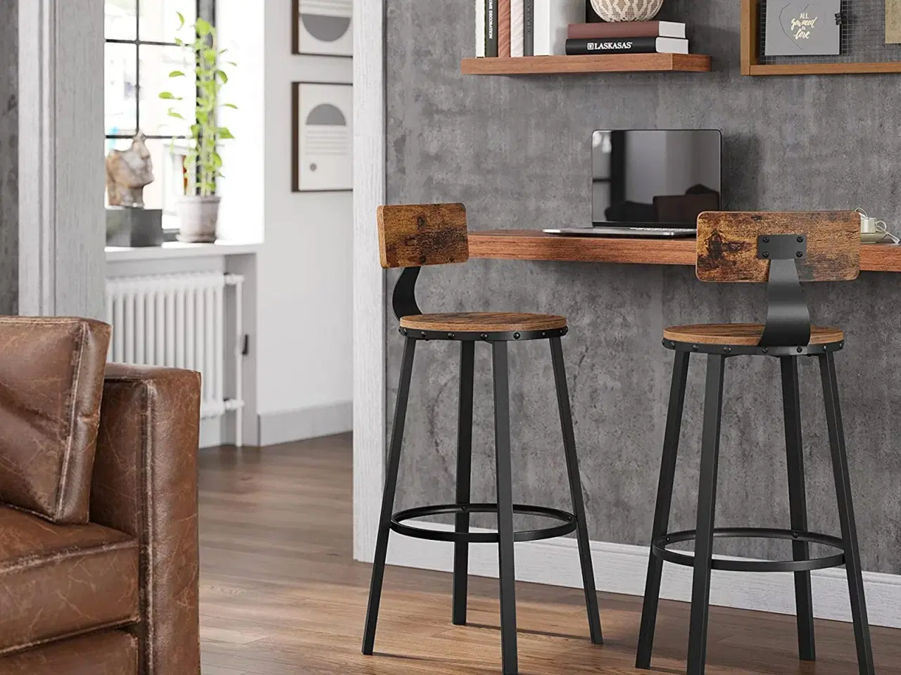 Billede 4 - Barstole sæt á 2 med ryglæn, 73 cm, industrielt design, rustik brun/sort