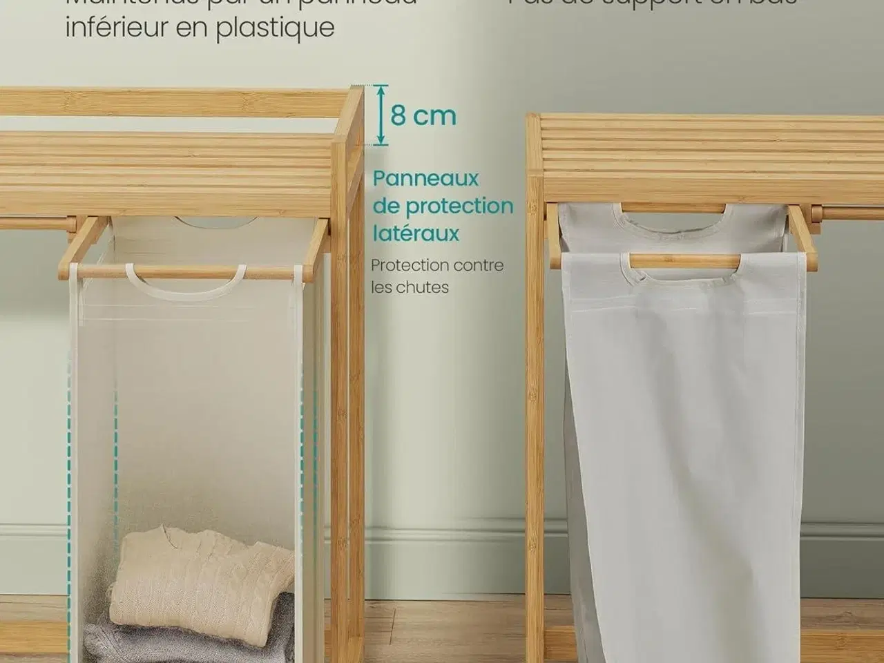 Billede 7 - Vasketøjskurv med 2 rum bambus, 100 l med hylde og sidelommer, cremehvid 63 × 33 × 78 cm