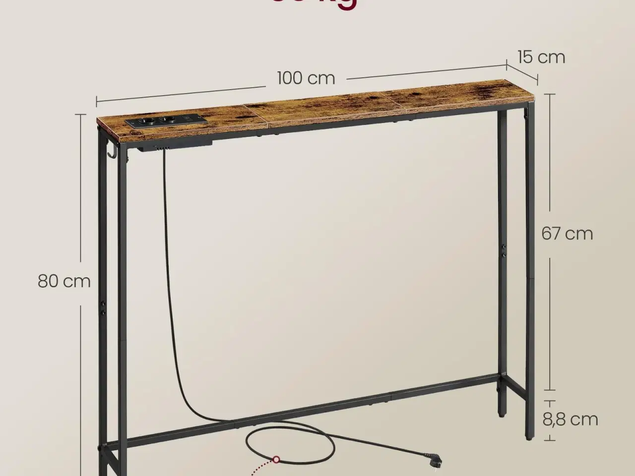 Billede 5 - Slankt konsolbord med opladningsstation – 15 × 100 × 80 cm, vintage brun/sort