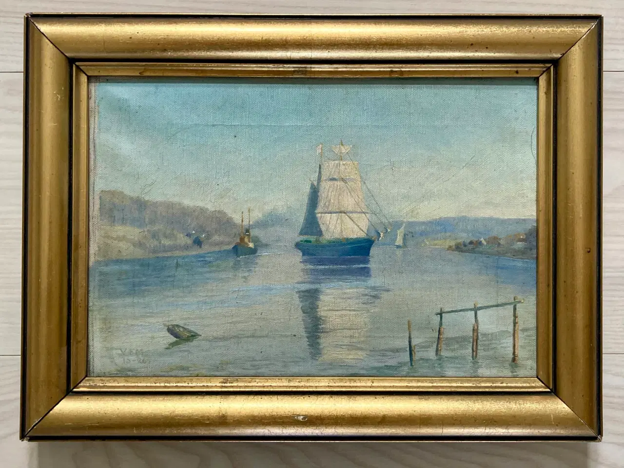 Billede 5 - Ældre kunst 1925 Maleri Skibsmotiv Guldramme