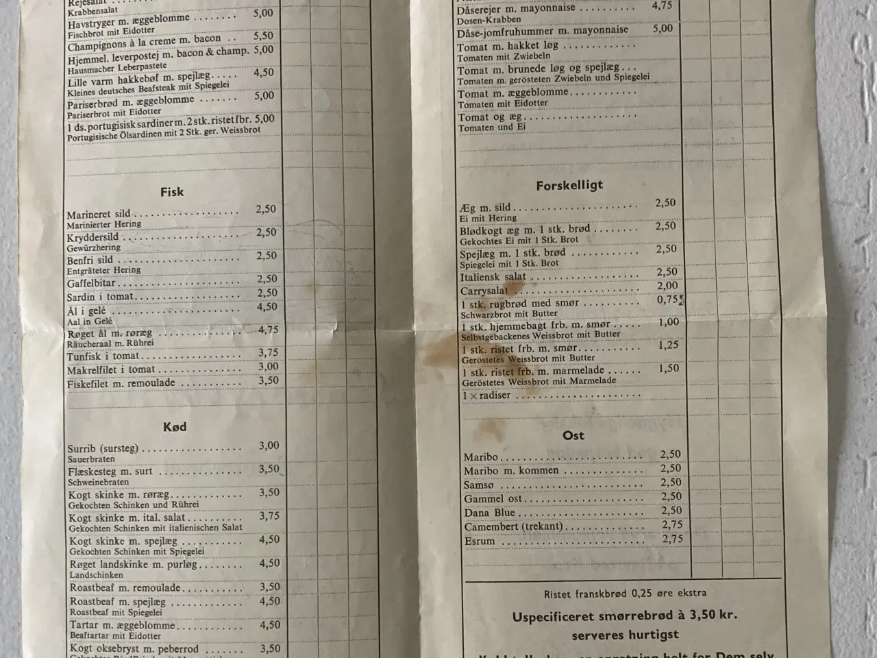 Billede 5 - 2 gl. Smørrebrødssedler fra 60`erne