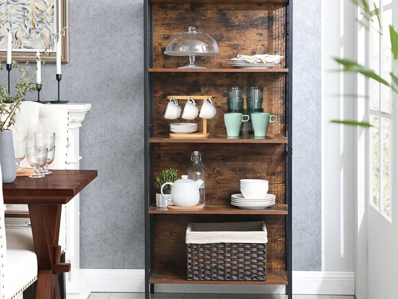 Billede 4 - Bogreol 4 hylder – VASAGLE, stålramme, kroge, rustik brun/sort