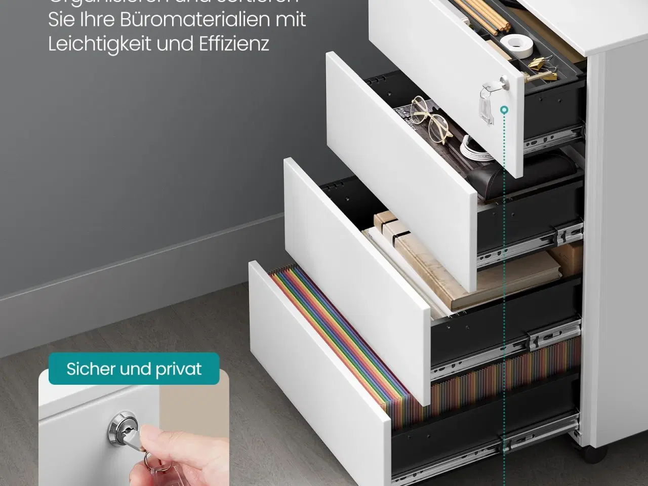 Billede 3 - Arkivskab på hjul aflåseligt, 4 skuffer, forsamlet, 39 × 45 × 69,3 cm, Cloud White