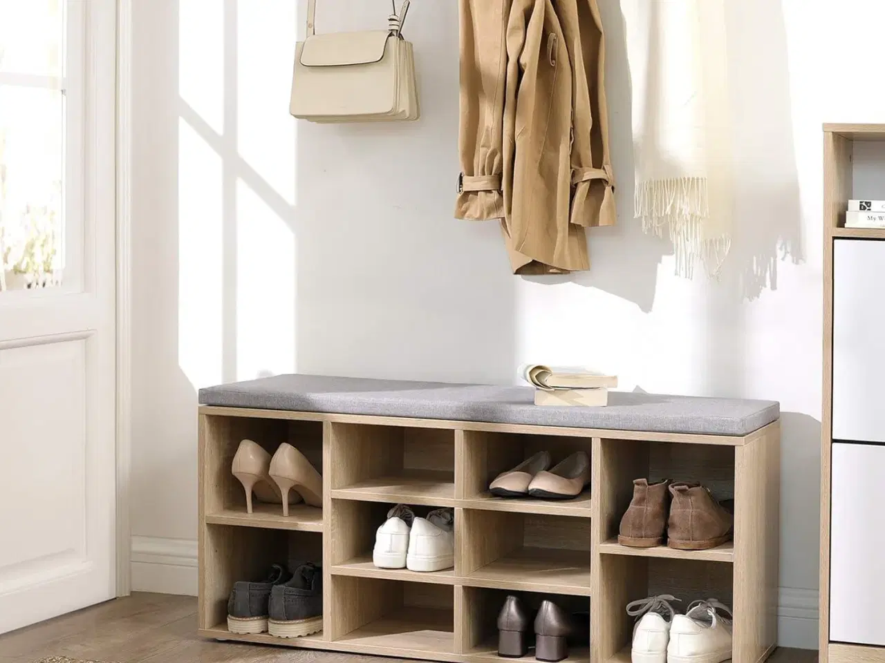 Billede 3 - Skobænk med opbevaring – VASAGLE, 10 rum, med pude, eg, 104 × 30 × 48 cm