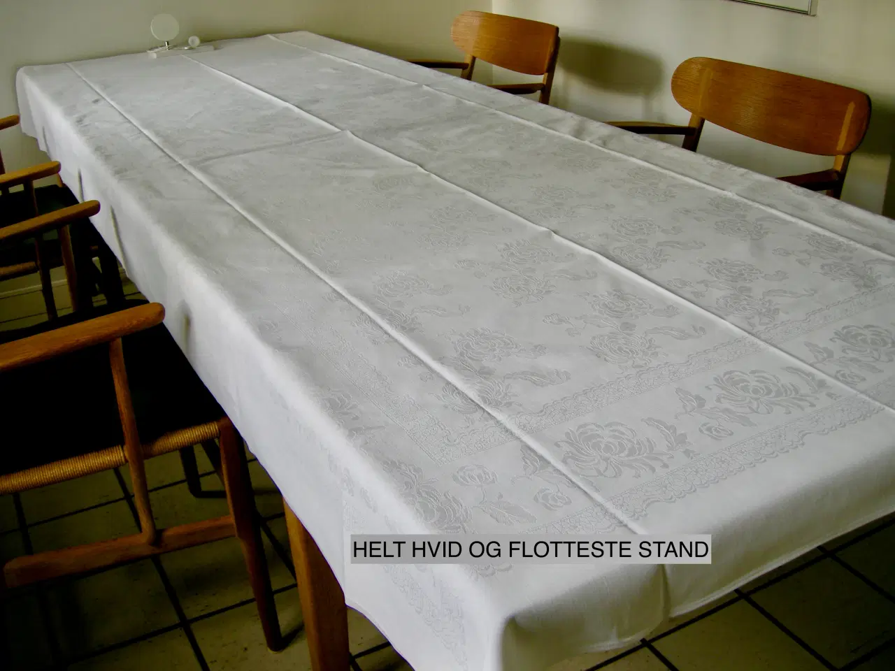 Billede 4 - Lang vintage damask spisebordsdug 130x270, Hvid