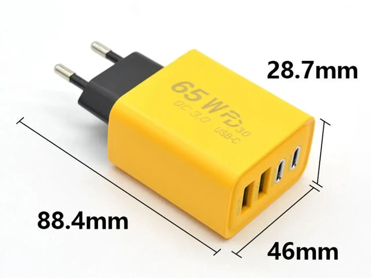 Billede 3 - 2 stk. Mobiltilbehør vægadapter 65W GaN – 2×USB-C + 2×USB-A – Gul