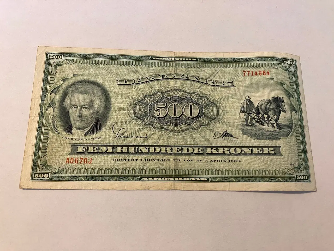 Billede 1 - 500 Kroner 1967 A0 0J Erstatningsseddel - Slidt