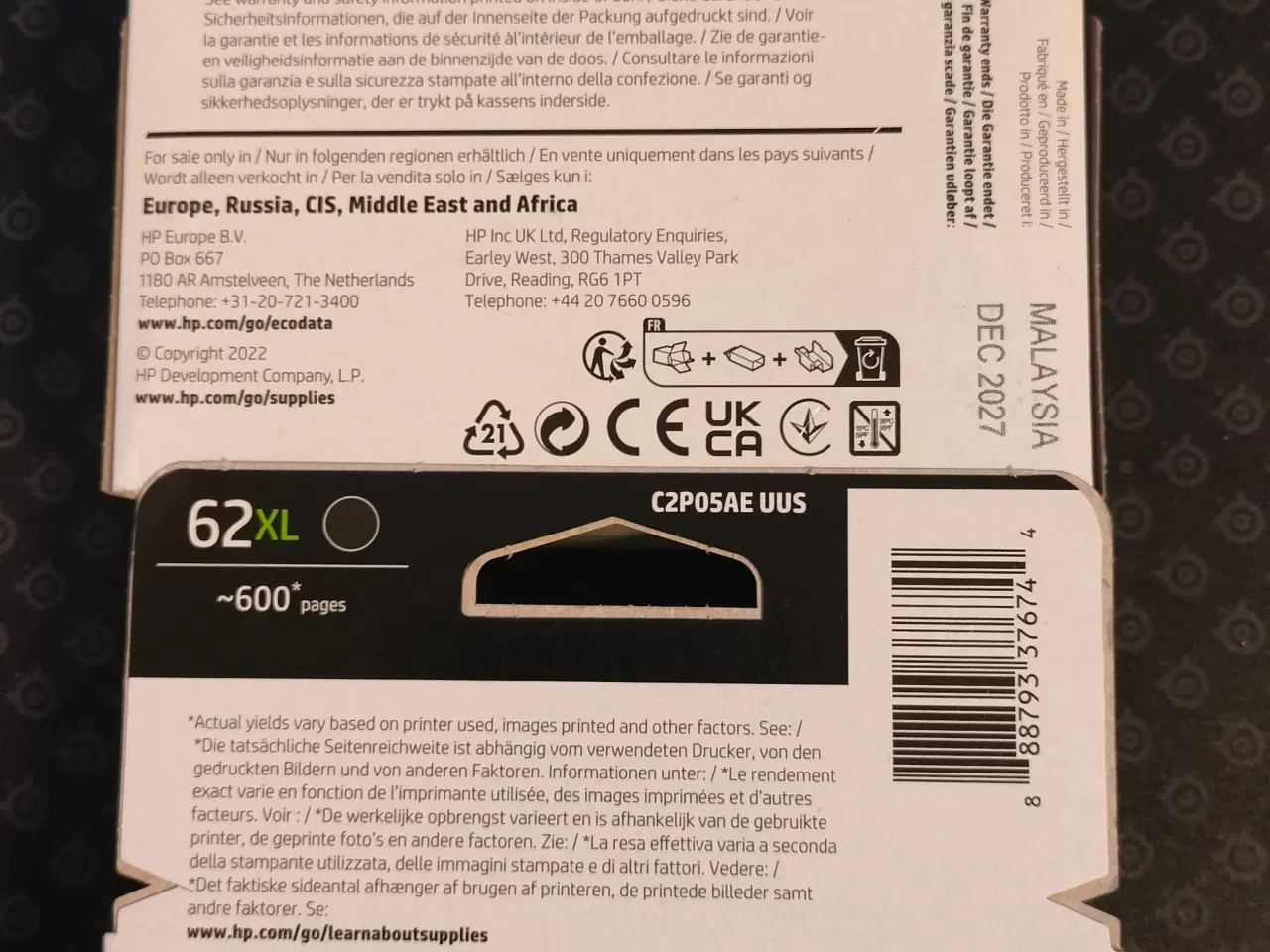 Billede 2 - 2 STK. HP 62XL SORT "ORIGINAL"