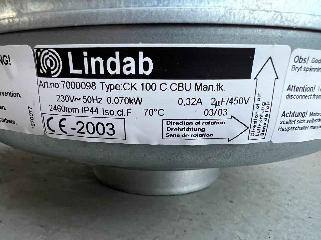 Billede 2 - Kanalventilator Lindab Ø 100 mm. Ny.