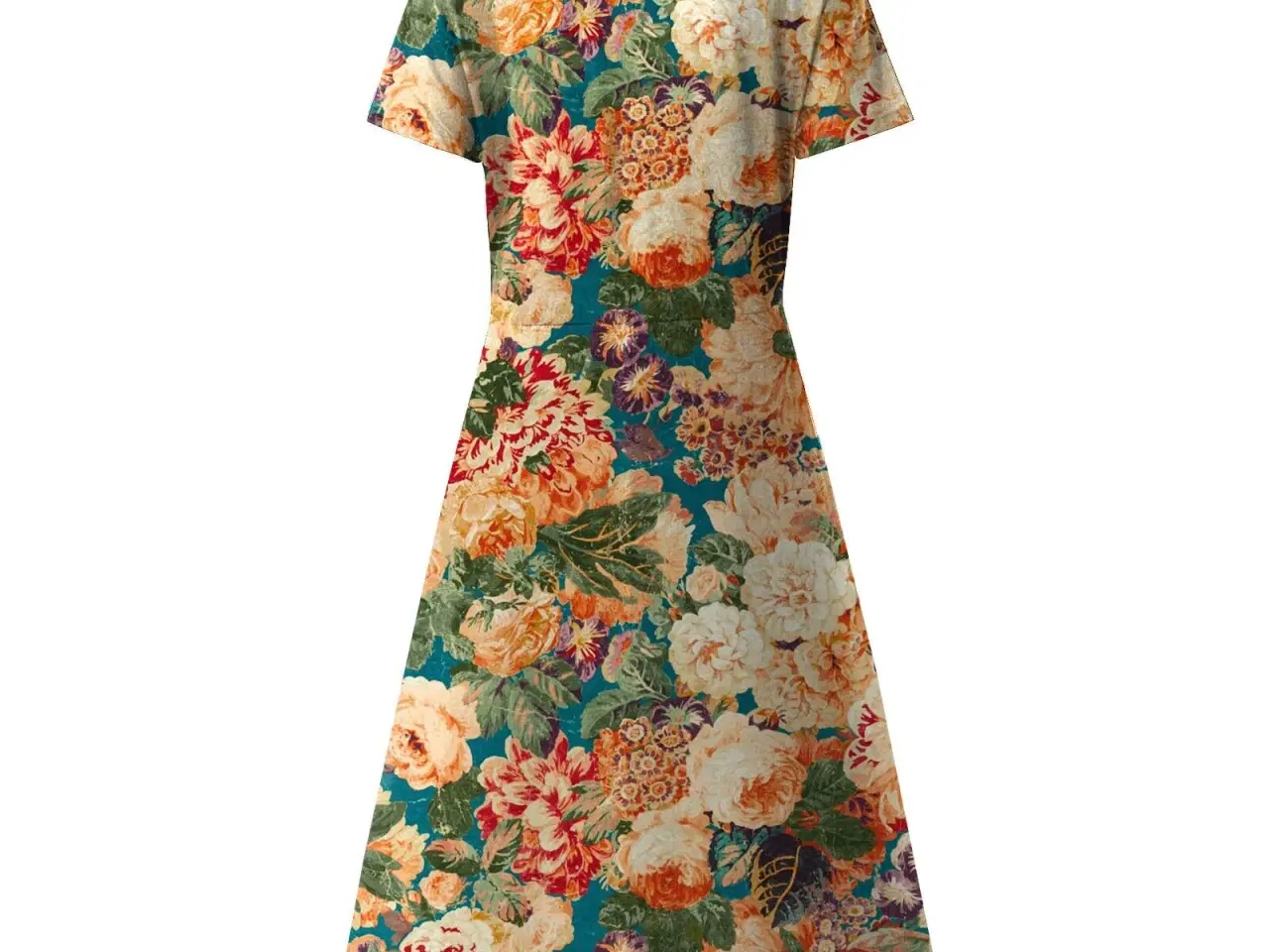 Billede 2 - Blomstret kjole med korte ærmer/medi/ Medium-large