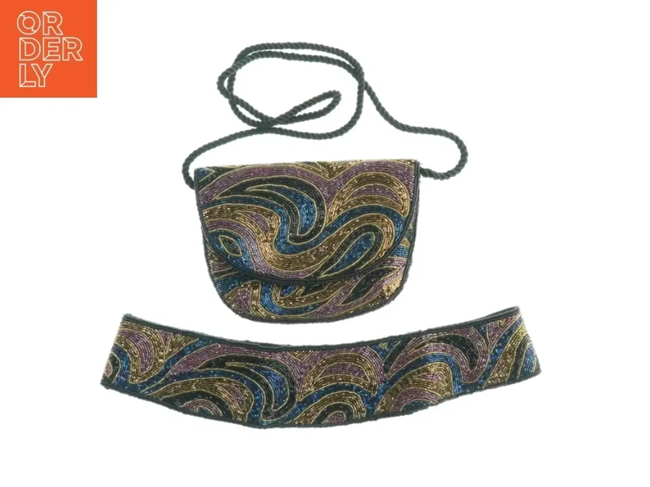 Billede 1 - Vintage Glimmer Perlebesat skuldertaske og bælte (Livvidde str. 75-80 cm, taske 20 x 15 cm)