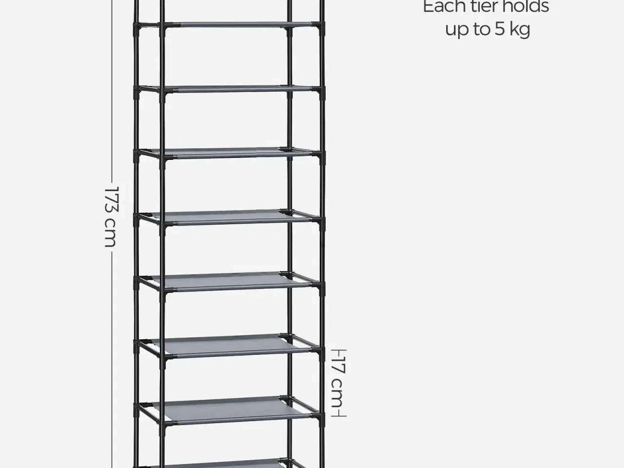 Billede 7 - Skoreol med 10 hylder – pladsbesparende skostativ 45 × 28 × 173 cm, metalstel og non-woven hylder, grå