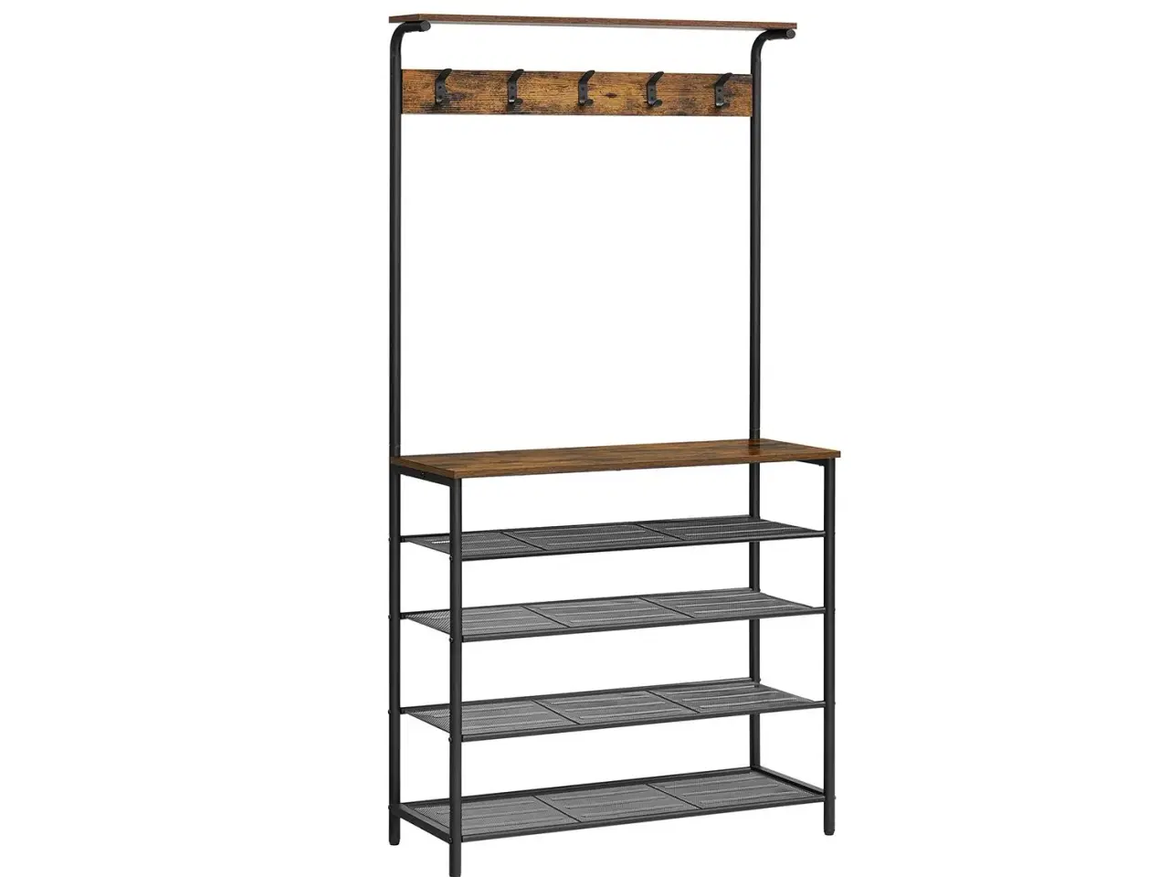 Billede 1 - Tøjstativ med skohylde hall tree, 5 niveauer, 5 dobbelte kroge, tophylde, industrielt look, rustik brun/sort (HSR408B01)
