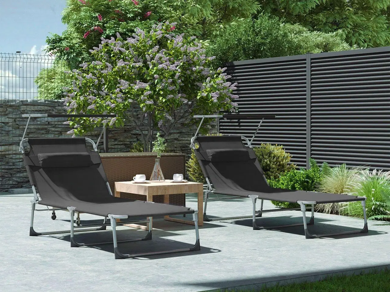 Billede 4 - Solseng med ryglæn og solskærm - foldbar liggestol 71 × 200 × 38 cm, 150 kg, røggrå