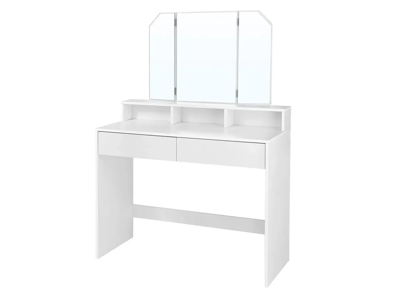 Billede 2 - Toiletbord med tre-delt spejl, 2 skuffer og 3 åbne rum – hvid