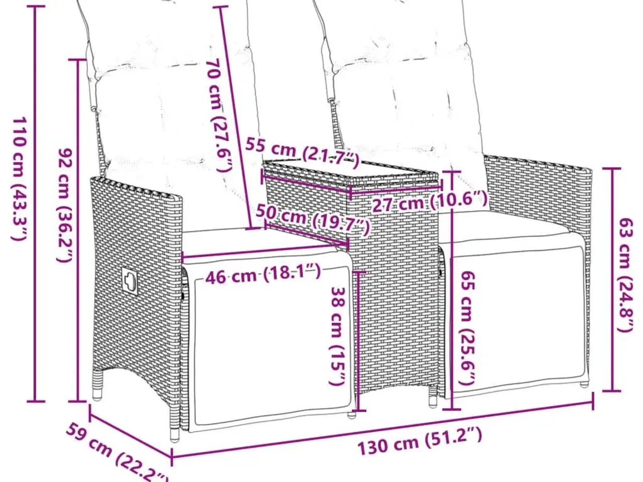 Billede 11 - 2-personers havesofa med bord og lænefunktion polyrattan sort